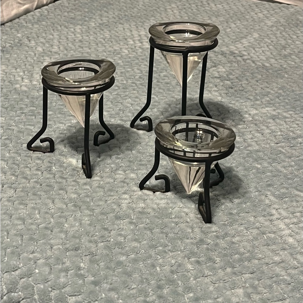 3 Piece- Elegant Black and Clear Glass Candle Holders